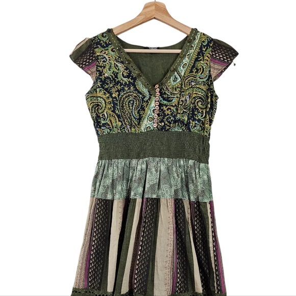 Magic Green Patchwork Cottagecore Fairycore Whimsical Midi Dress - Picture 2 of 7